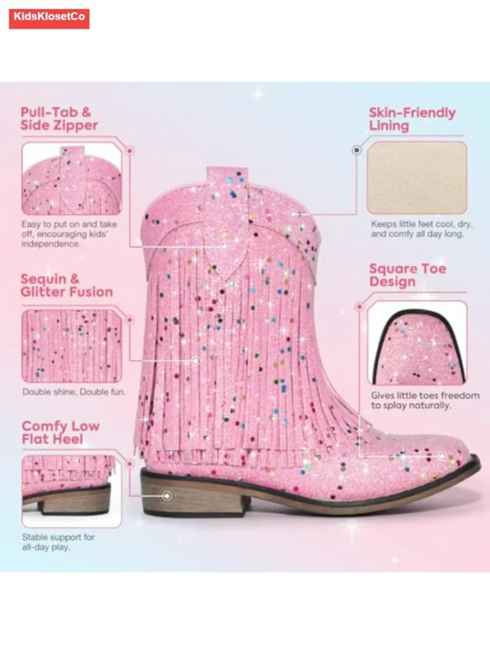 Kids Glitter Fringe Cowgirl Boots Square Toe Sparkle Boots with Zipper